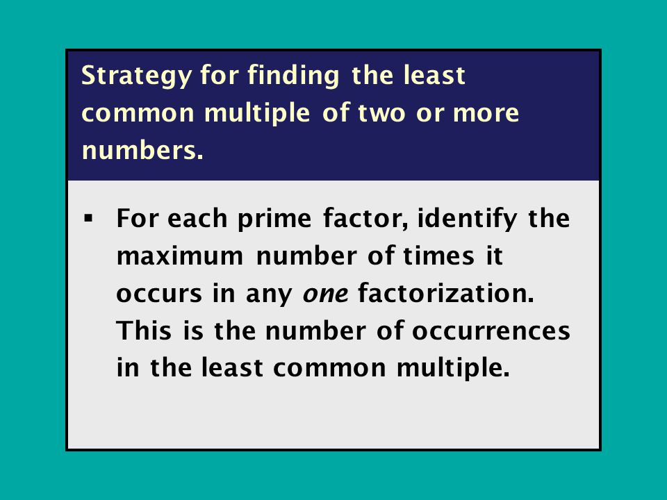  For each prime factor, identify the maximum number of times it occurs in any one factorization.