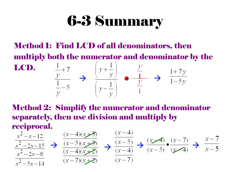 6-3 Summary Method 1: Find LCD of all denominators, then multiply both the numerator and denominator by the LCD.