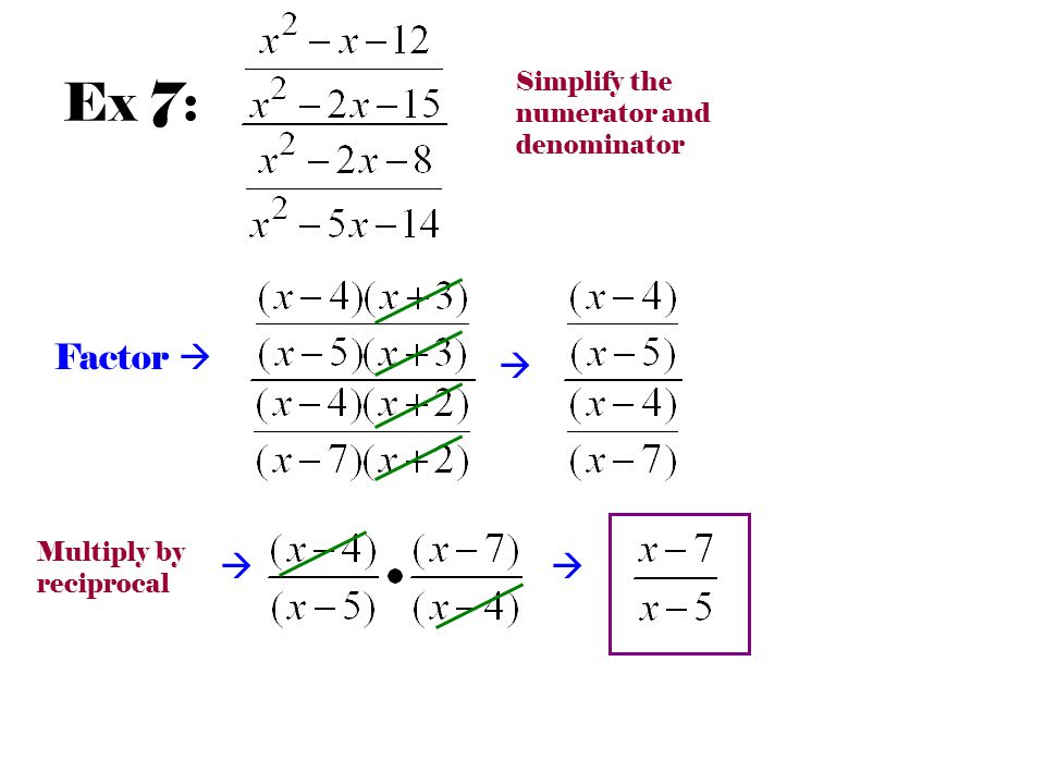 Ex 7:  Factor   Multiply by reciprocal  Simplify the numerator and denominator