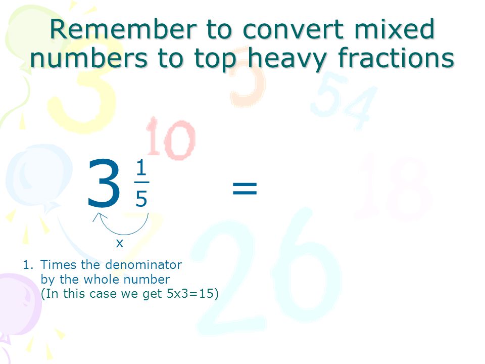 Remember to convert mixed numbers to top heavy fractions x 1.Times the denominator by the whole number (In this case we get 5x3=15) =