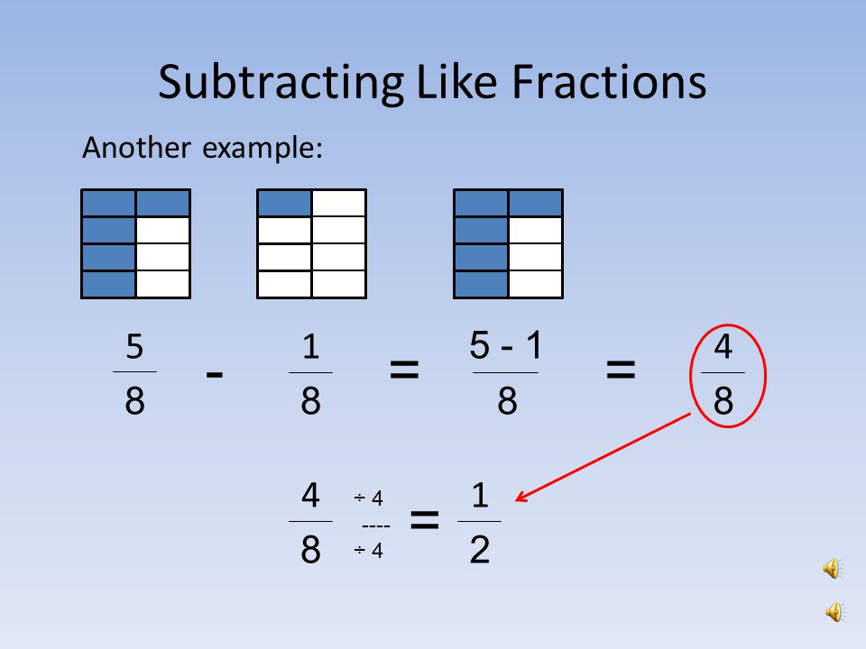 Subtracting Like Fractions To subtract like fractions, subtract the numerators from each other in order and place the difference (answer) over the original denominator ==