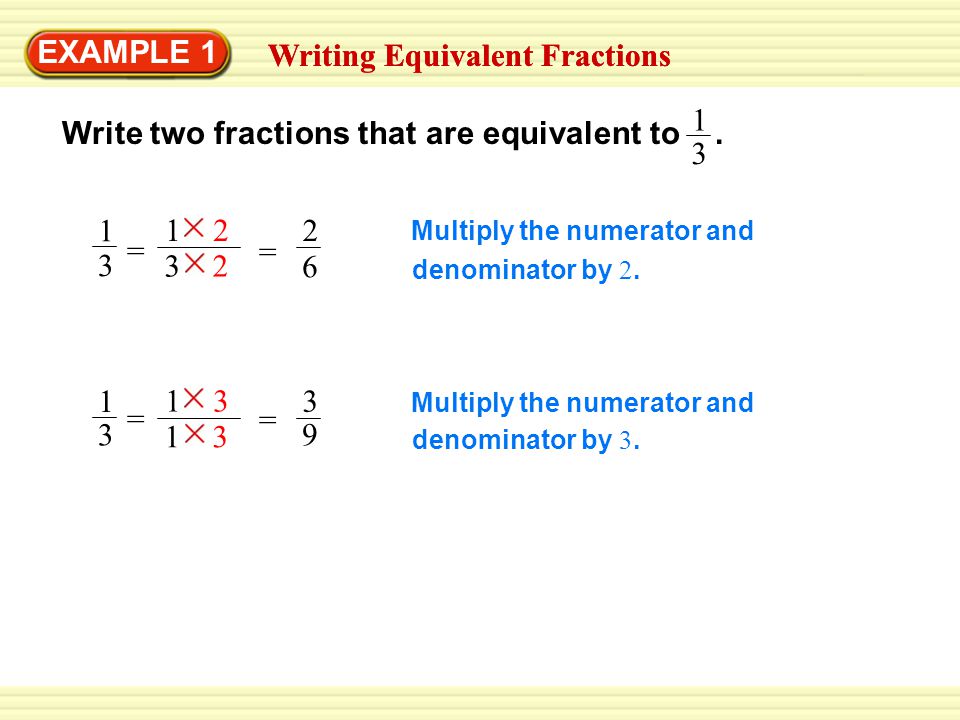 EXAMPLE 1 Writing Equivalent Fractions Write two fractions that are equivalent to.