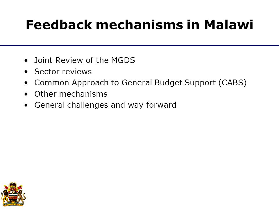 Feedback mechanisms in Malawi Joint Review of the MGDS Sector reviews Common Approach to General Budget Support (CABS) Other mechanisms General challenges and way forward