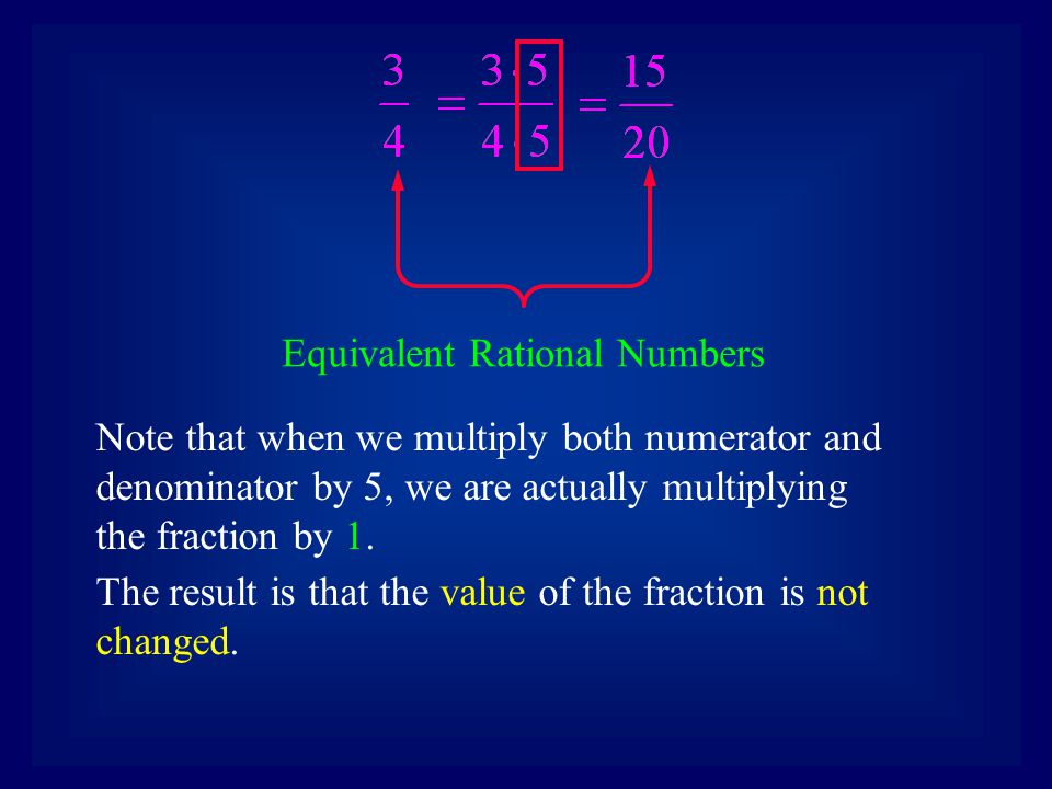 Equivalent Rational Numbers Note that when we multiply both numerator and denominator by 5, we are actually multiplying the fraction by 1.