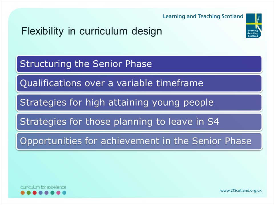 Structuring the Senior PhaseQualifications over a variable timeframeStrategies for high attaining young peopleStrategies for those planning to leave in S4Opportunities for achievement in the Senior Phase Flexibility in curriculum design