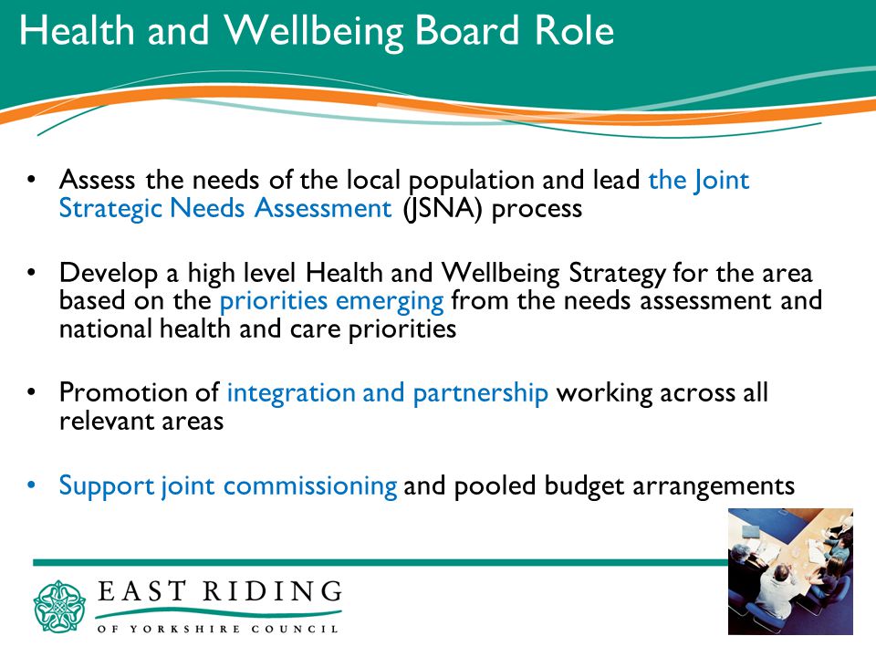 12 Health and Wellbeing Board Role Assess the needs of the local population and lead the Joint Strategic Needs Assessment (JSNA) process Develop a high level Health and Wellbeing Strategy for the area based on the priorities emerging from the needs assessment and national health and care priorities Promotion of integration and partnership working across all relevant areas Support joint commissioning and pooled budget arrangements