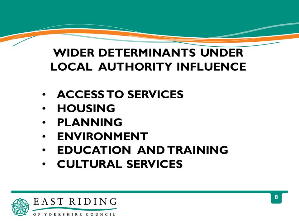 8 WIDER DETERMINANTS UNDER LOCAL AUTHORITY INFLUENCE ACCESS TO SERVICES HOUSING PLANNING ENVIRONMENT EDUCATION AND TRAINING CULTURAL SERVICES