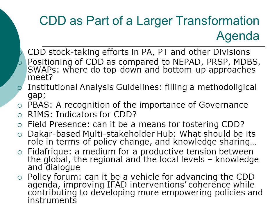 CDD as Part of a Larger Transformation Agenda  CDD stock-taking efforts in PA, PT and other Divisions  Positioning of CDD as compared to NEPAD, PRSP, MDBS, SWAPs: where do top-down and bottom-up approaches meet.