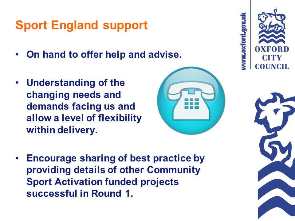 Sport England support On hand to offer help and advise.