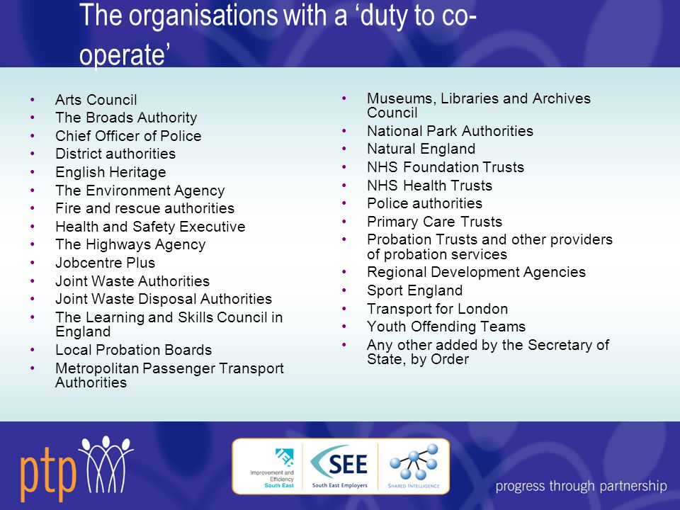 The organisations with a ‘duty to co- operate’ Arts Council The Broads Authority Chief Officer of Police District authorities English Heritage The Environment Agency Fire and rescue authorities Health and Safety Executive The Highways Agency Jobcentre Plus Joint Waste Authorities Joint Waste Disposal Authorities The Learning and Skills Council in England Local Probation Boards Metropolitan Passenger Transport Authorities Museums, Libraries and Archives Council National Park Authorities Natural England NHS Foundation Trusts NHS Health Trusts Police authorities Primary Care Trusts Probation Trusts and other providers of probation services Regional Development Agencies Sport England Transport for London Youth Offending Teams Any other added by the Secretary of State, by Order