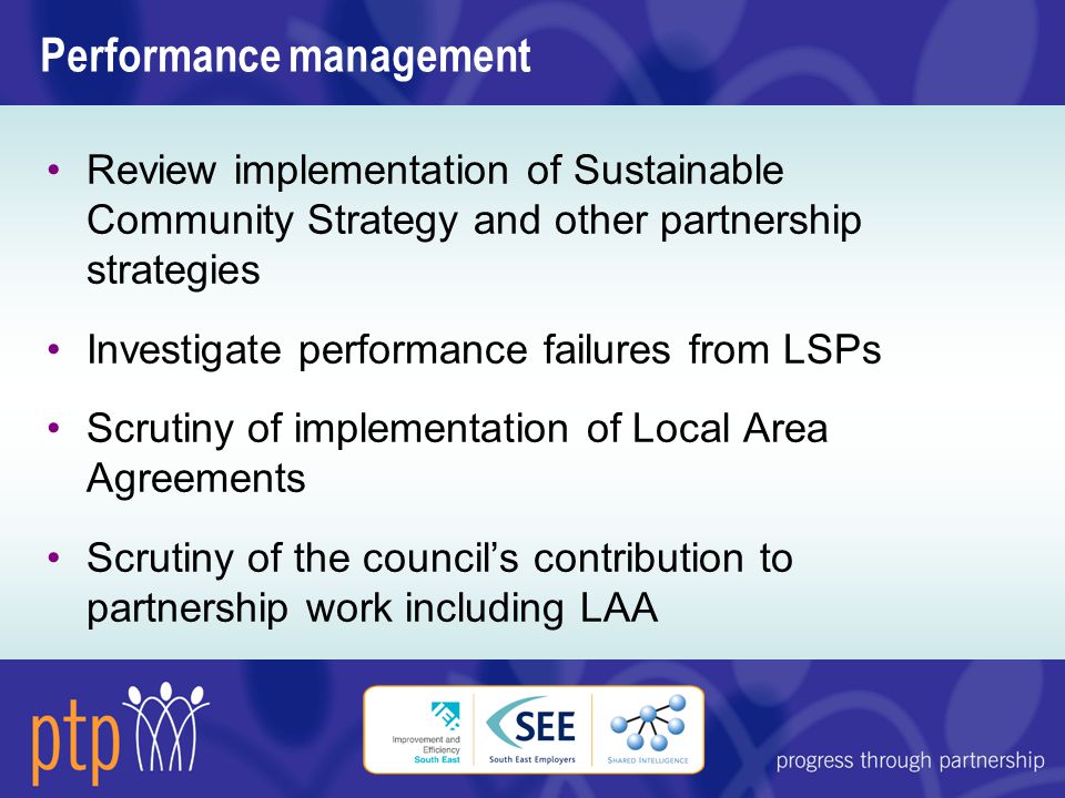 Performance management Review implementation of Sustainable Community Strategy and other partnership strategies Investigate performance failures from LSPs Scrutiny of implementation of Local Area Agreements Scrutiny of the council’s contribution to partnership work including LAA