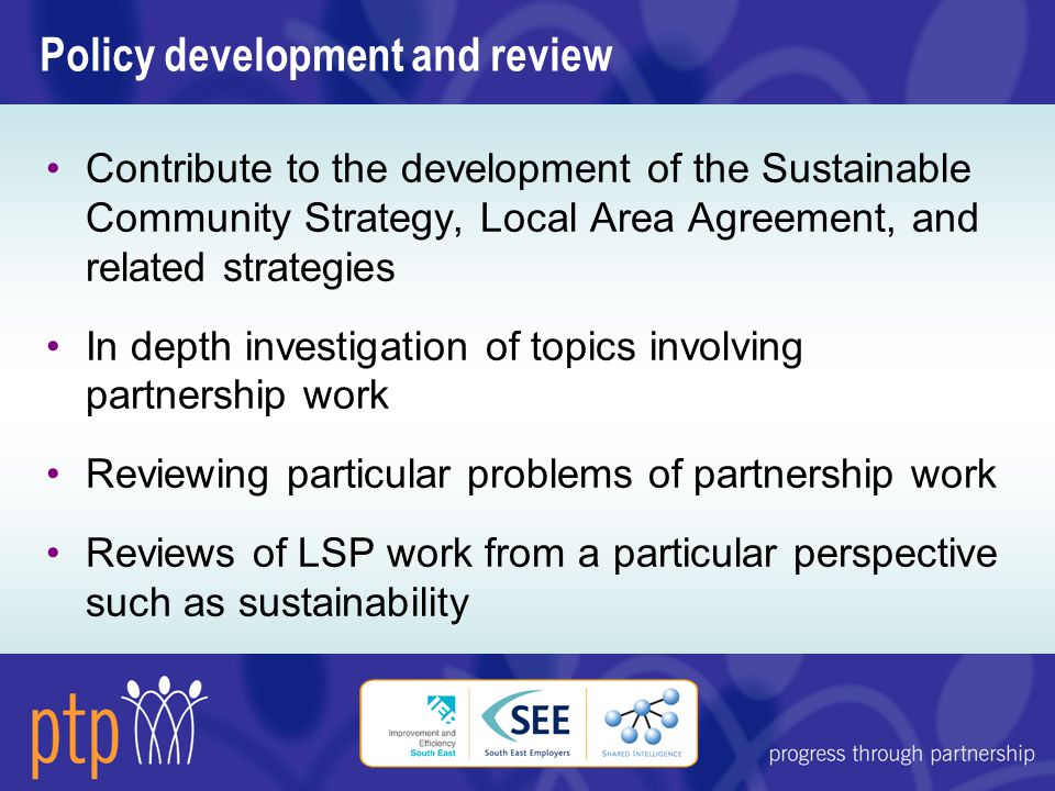Policy development and review Contribute to the development of the Sustainable Community Strategy, Local Area Agreement, and related strategies In depth investigation of topics involving partnership work Reviewing particular problems of partnership work Reviews of LSP work from a particular perspective such as sustainability