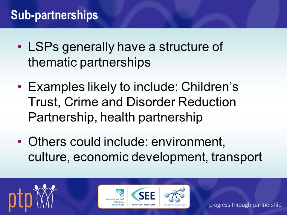 Sub-partnerships LSPs generally have a structure of thematic partnerships Examples likely to include: Children’s Trust, Crime and Disorder Reduction Partnership, health partnership Others could include: environment, culture, economic development, transport