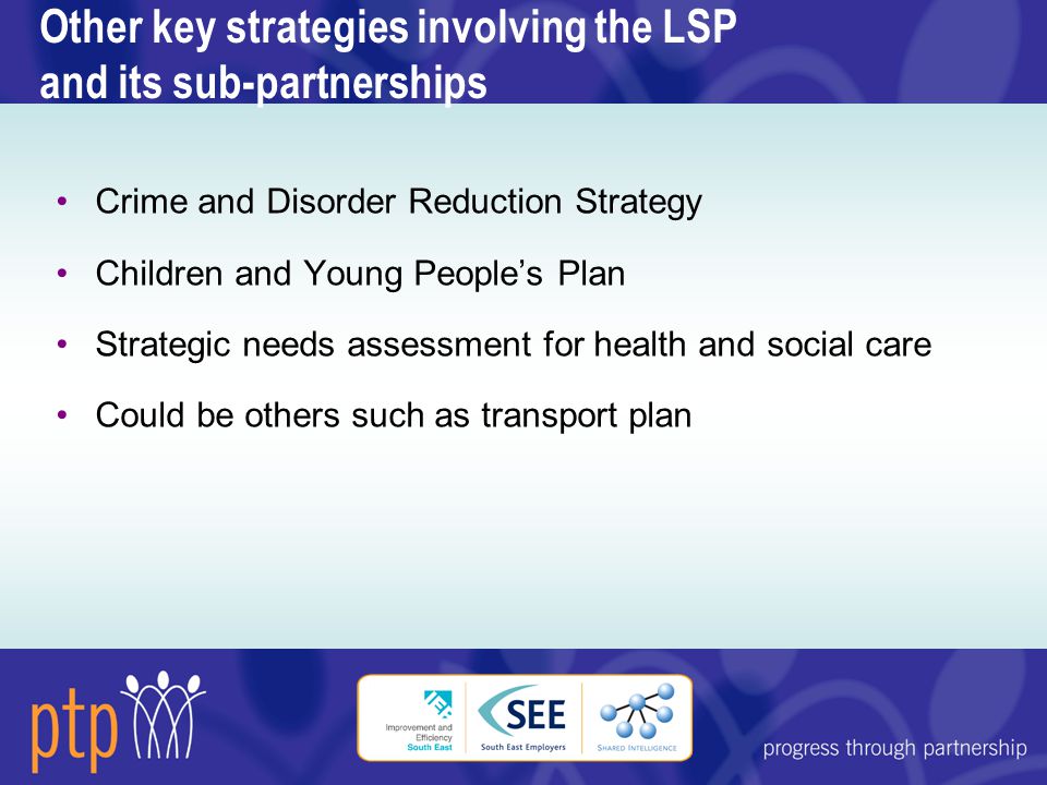 Other key strategies involving the LSP and its sub-partnerships Crime and Disorder Reduction Strategy Children and Young People’s Plan Strategic needs assessment for health and social care Could be others such as transport plan