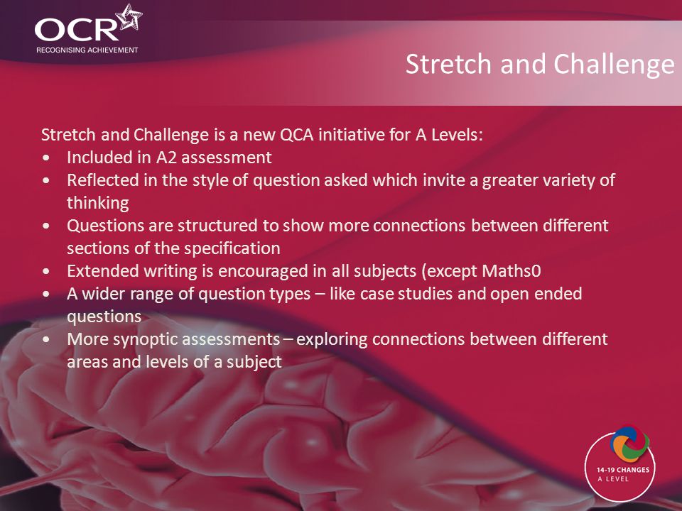 Stretch and Challenge Stretch and Challenge is a new QCA initiative for A Levels: Included in A2 assessment Reflected in the style of question asked which invite a greater variety of thinking Questions are structured to show more connections between different sections of the specification Extended writing is encouraged in all subjects (except Maths0 A wider range of question types – like case studies and open ended questions More synoptic assessments – exploring connections between different areas and levels of a subject