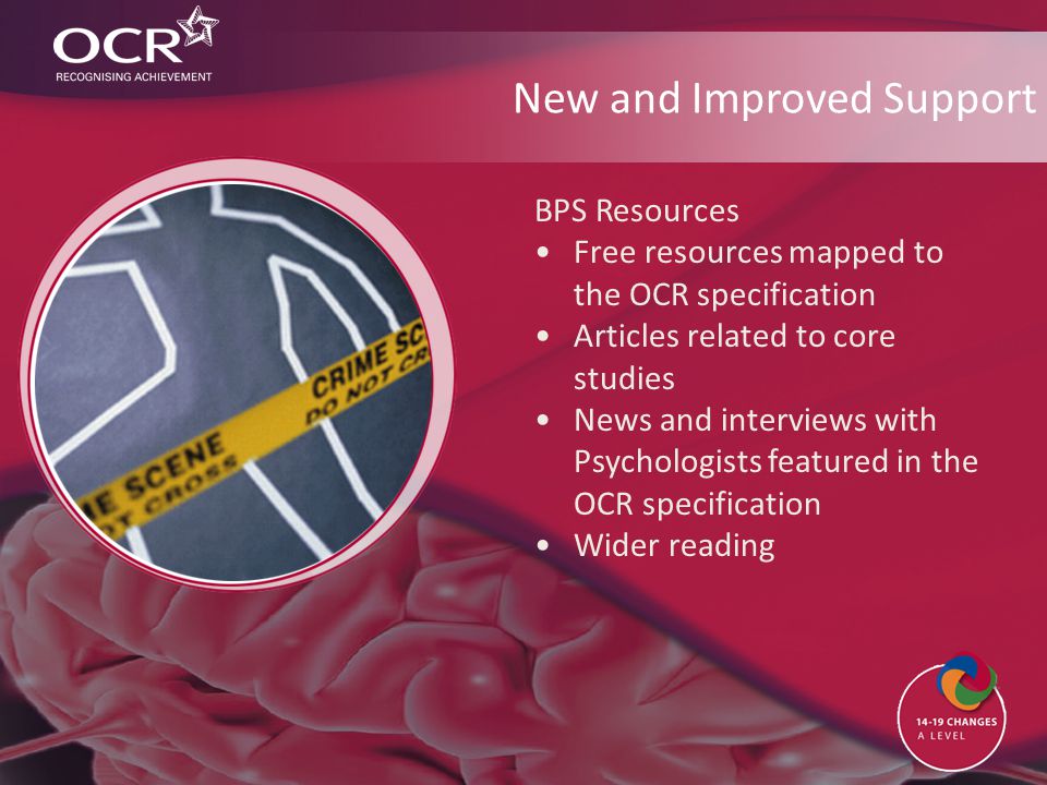 New and Improved Support BPS Resources Free resources mapped to the OCR specification Articles related to core studies News and interviews with Psychologists featured in the OCR specification Wider reading