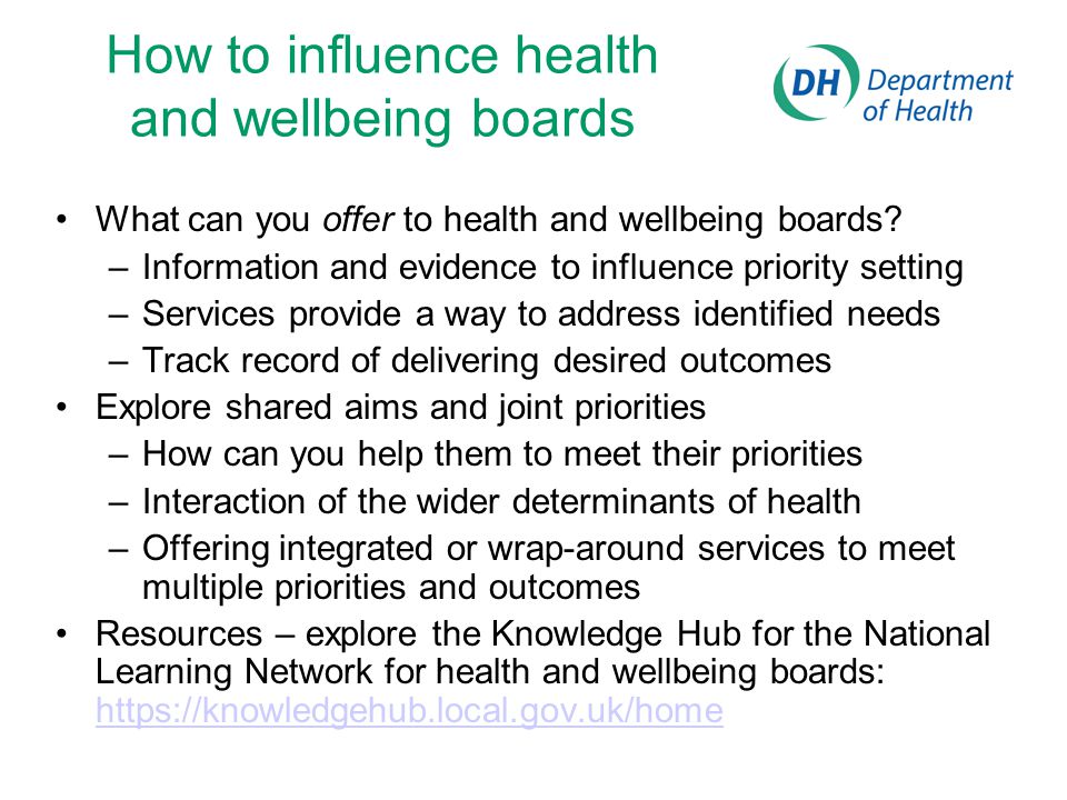 How to influence health and wellbeing boards What can you offer to health and wellbeing boards.