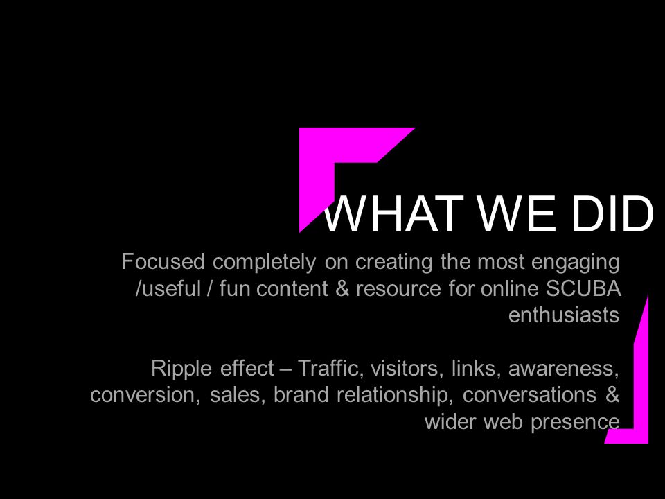 WHAT WE DID Focused completely on creating the most engaging /useful / fun content & resource for online SCUBA enthusiasts Ripple effect – Traffic, visitors, links, awareness, conversion, sales, brand relationship, conversations & wider web presence