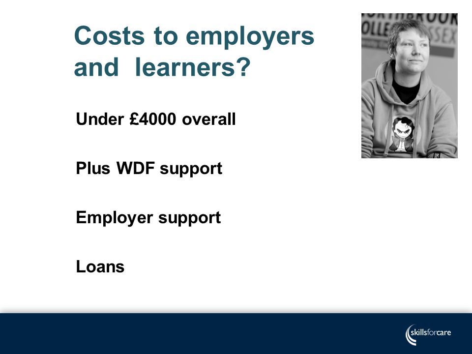 Costs to employers and learners Under £4000 overall Plus WDF support Employer support Loans