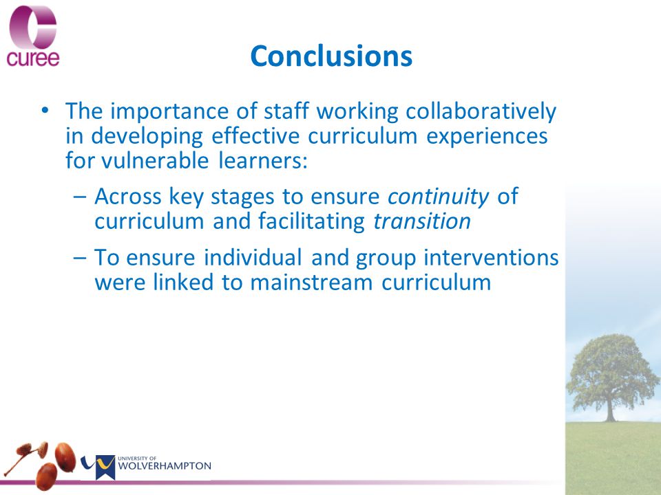 Conclusions The importance of staff working collaboratively in developing effective curriculum experiences for vulnerable learners: – –Across key stages to ensure continuity of curriculum and facilitating transition – –To ensure individual and group interventions were linked to mainstream curriculum