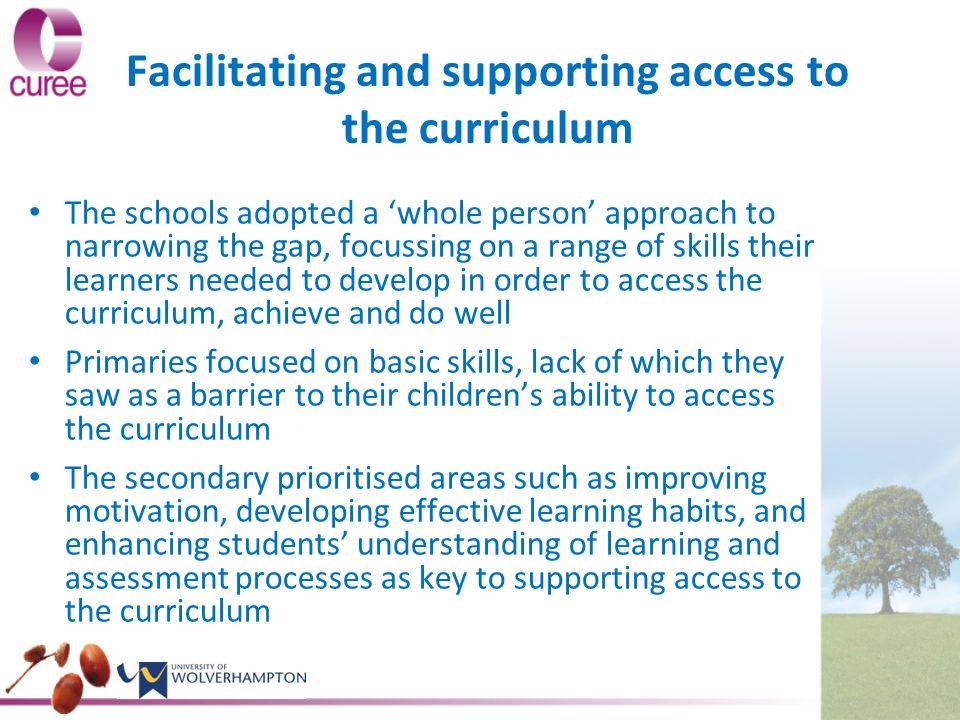 Facilitating and supporting access to the curriculum The schools adopted a ‘whole person’ approach to narrowing the gap, focussing on a range of skills their learners needed to develop in order to access the curriculum, achieve and do well Primaries focused on basic skills, lack of which they saw as a barrier to their children’s ability to access the curriculum The secondary prioritised areas such as improving motivation, developing effective learning habits, and enhancing students’ understanding of learning and assessment processes as key to supporting access to the curriculum
