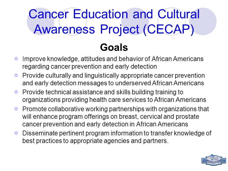 Cancer Education and Cultural Awareness Project (CECAP) Goals Improve knowledge, attitudes and behavior of African Americans regarding cancer prevention and early detection Provide culturally and linguistically appropriate cancer prevention and early detection messages to underserved African Americans Provide technical assistance and skills building training to organizations providing health care services to African Americans Promote collaborative working partnerships with organizations that will enhance program offerings on breast, cervical and prostate cancer prevention and early detection in African Americans Disseminate pertinent program information to transfer knowledge of best practices to appropriate agencies and partners.