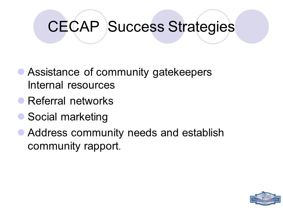 CECAP Success Strategies Assistance of community gatekeepers Internal resources Referral networks Social marketing Address community needs and establish community rapport.