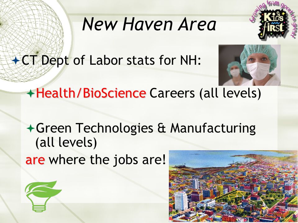 10 New Haven Area  CT Dept of Labor stats for NH:  Health/BioScience  Health/BioScience Careers (all levels)  Green Technologies & Manufacturing (all levels) are are where the jobs are!