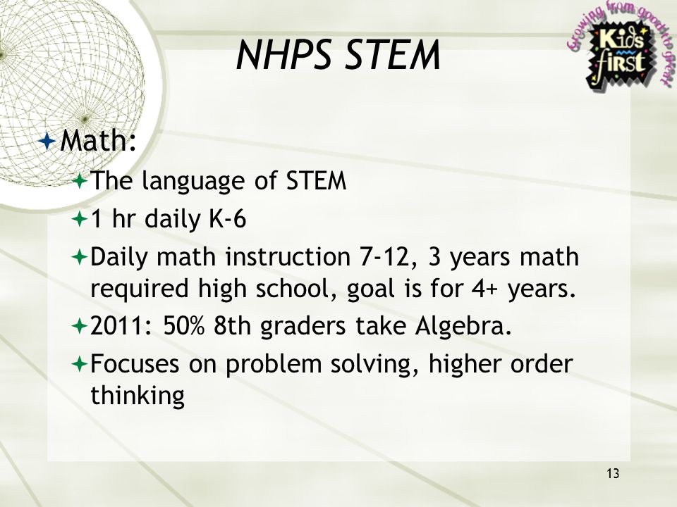 13 NHPS STEM  Math:  The language of STEM  1 hr daily K-6  Daily math instruction 7-12, 3 years math required high school, goal is for 4+ years.
