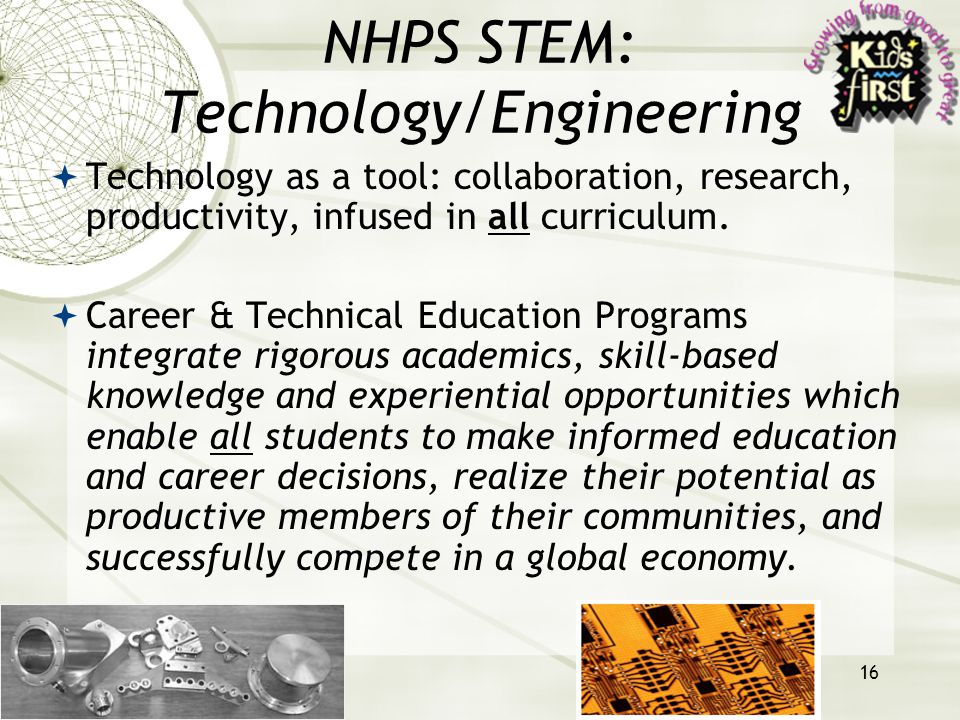 16 NHPS STEM: Technology/Engineering  Technology as a tool: collaboration, research, productivity, infused in all curriculum.