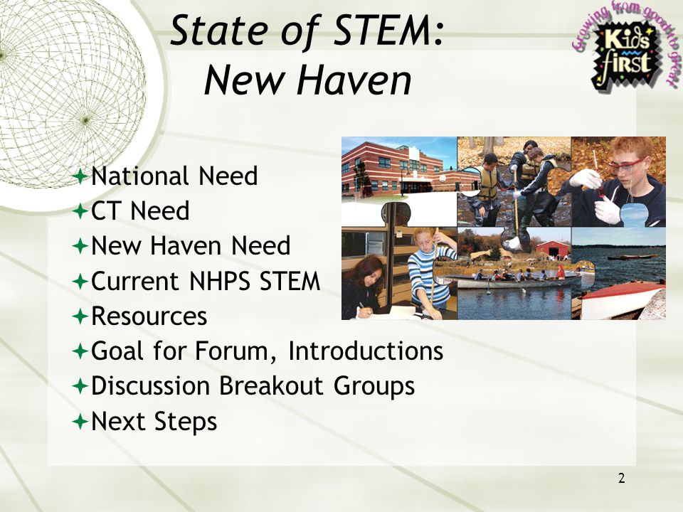 2 State of STEM: New Haven  National Need  CT Need  New Haven Need  Current NHPS STEM  Resources  Goal for Forum, Introductions  Discussion Breakout Groups  Next Steps