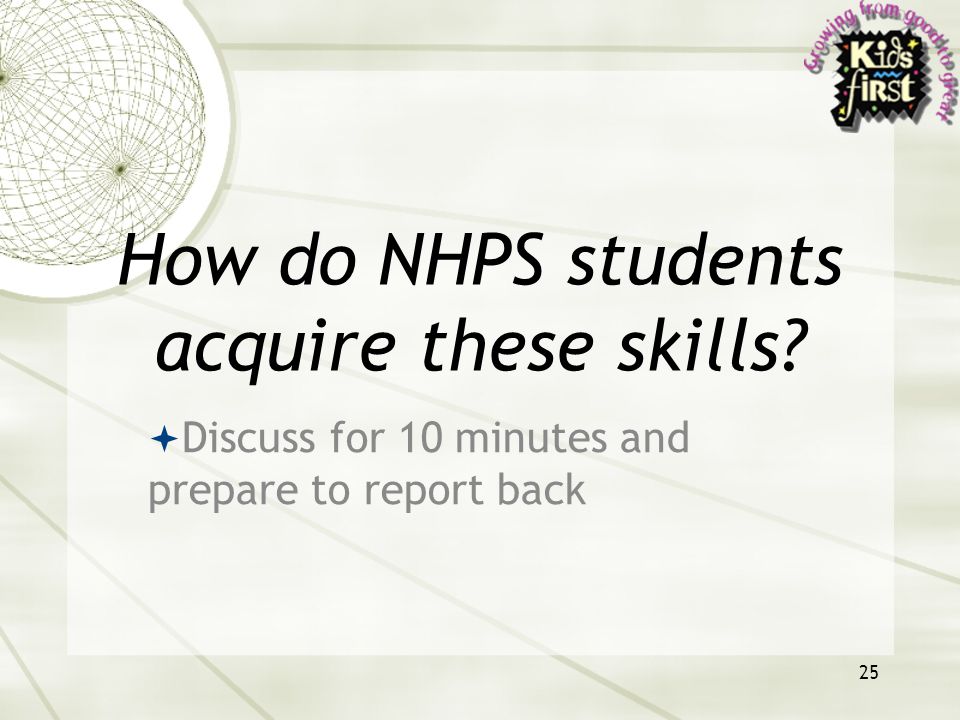 25 How do NHPS students acquire these skills  Discuss for 10 minutes and prepare to report back