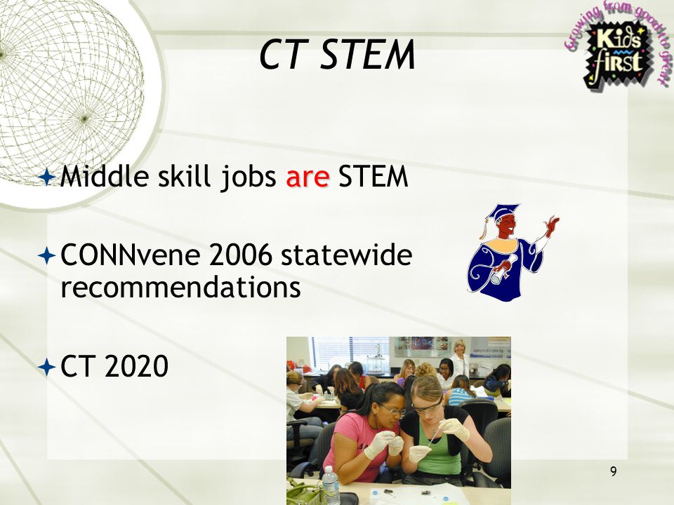 9 CT STEM are  Middle skill jobs are STEM  CONNvene 2006 statewide recommendations  CT 2020