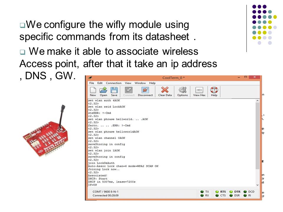 We configure the wifly module using specific commands from its datasheet.