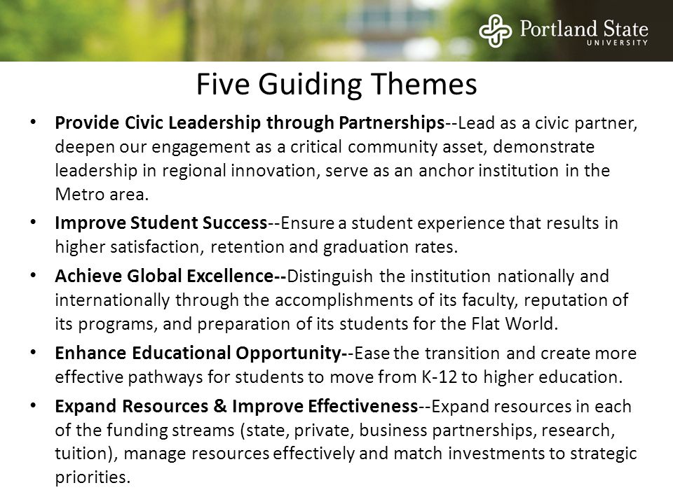 Five Guiding Themes Provide Civic Leadership through Partnerships --Lead as a civic partner, deepen our engagement as a critical community asset, demonstrate leadership in regional innovation, serve as an anchor institution in the Metro area.