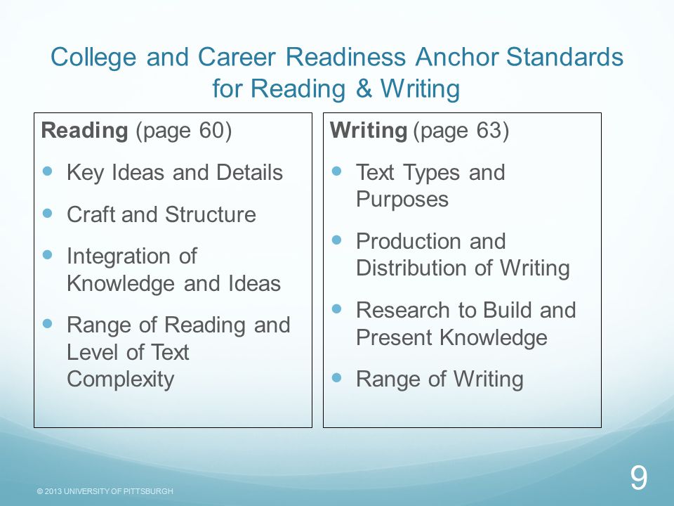 © 2013 UNIVERSITY OF PITTSBURGH College and Career Readiness Anchor Standards for Reading & Writing Reading (page 60) Key Ideas and Details Craft and Structure Integration of Knowledge and Ideas Range of Reading and Level of Text Complexity Writing (page 63) Text Types and Purposes Production and Distribution of Writing Research to Build and Present Knowledge Range of Writing 9