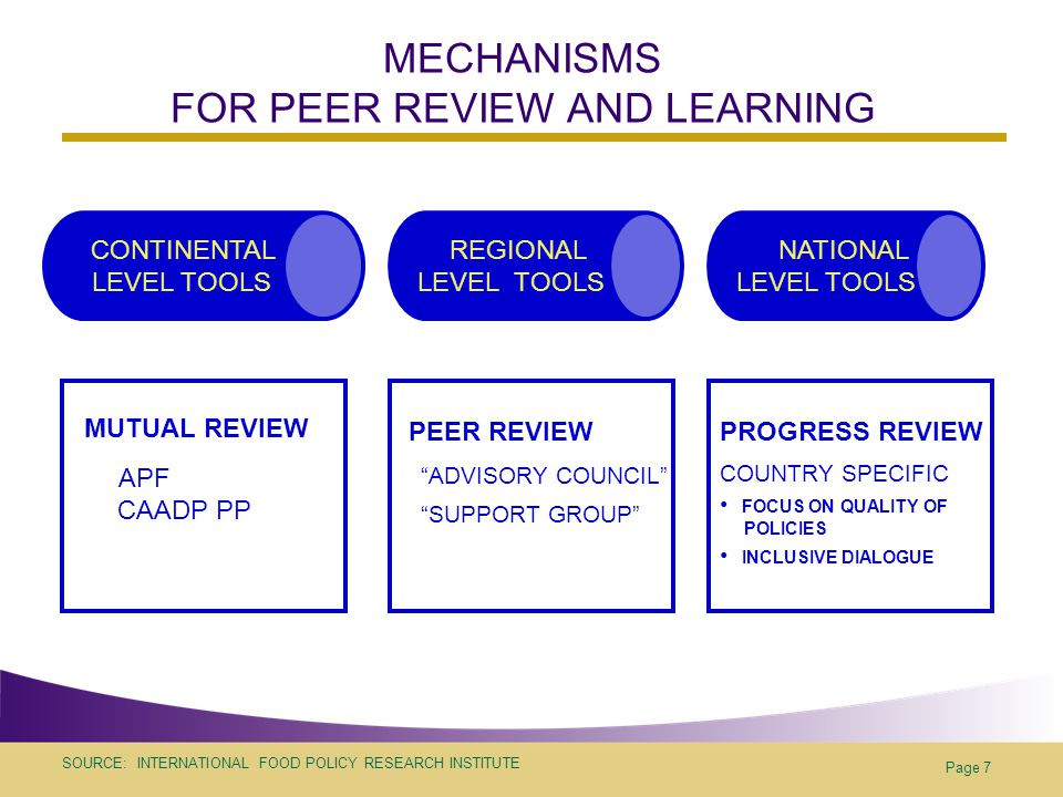 SOURCE: INTERNATIONAL FOOD POLICY RESEARCH INSTITUTE Page 7 MECHANISMS FOR PEER REVIEW AND LEARNING MUTUAL REVIEW APF CAADP PP PEER REVIEW ADVISORY COUNCIL SUPPORT GROUP PROGRESS REVIEW COUNTRY SPECIFIC FOCUS ON QUALITY OF POLICIES INCLUSIVE DIALOGUE NATIONAL LEVEL TOOLS REGIONAL LEVEL TOOLS CONTINENTAL LEVEL TOOLS