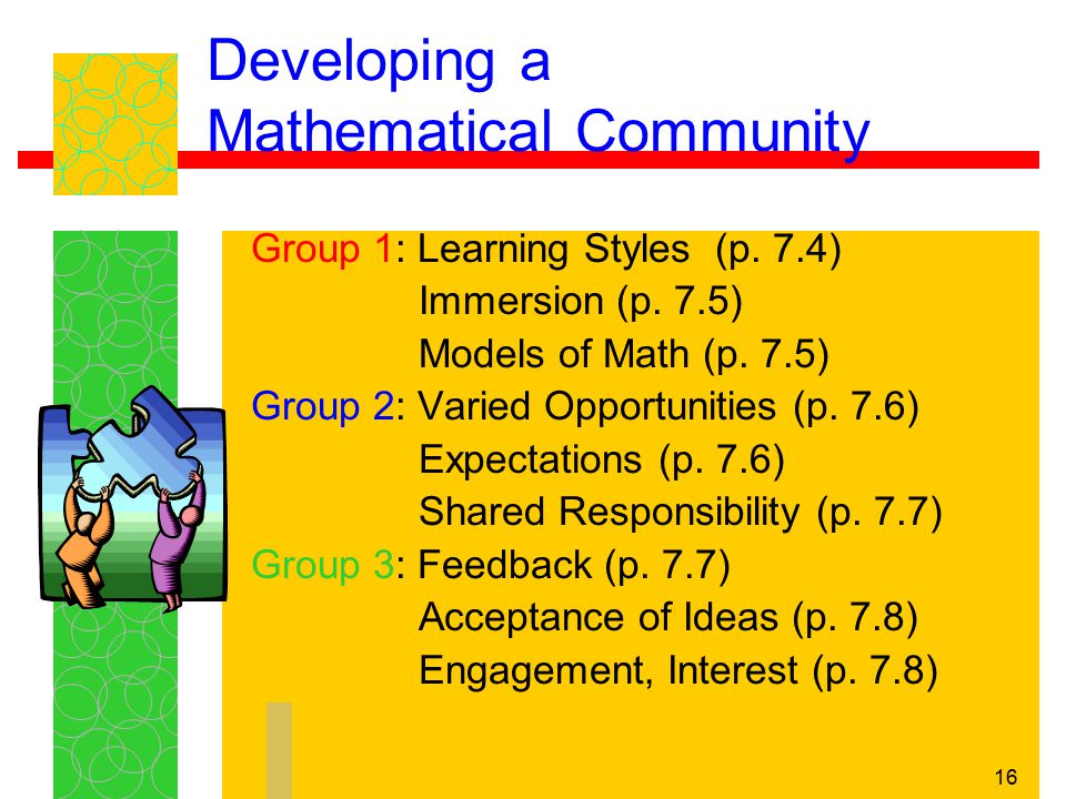 16 Developing a Mathematical Community Group 1: Learning Styles (p.