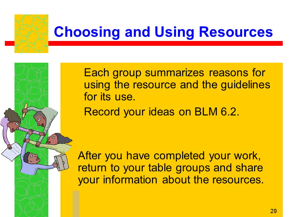 29 Choosing and Using Resources Each group summarizes reasons for using the resource and the guidelines for its use.