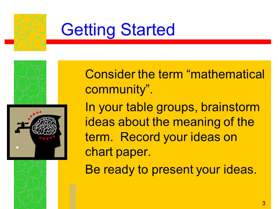3 Getting Started Consider the term mathematical community .