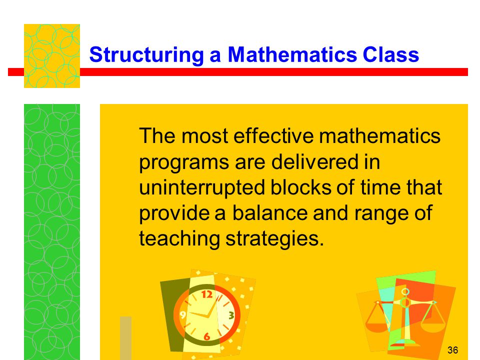 36 Structuring a Mathematics Class The most effective mathematics programs are delivered in uninterrupted blocks of time that provide a balance and range of teaching strategies.