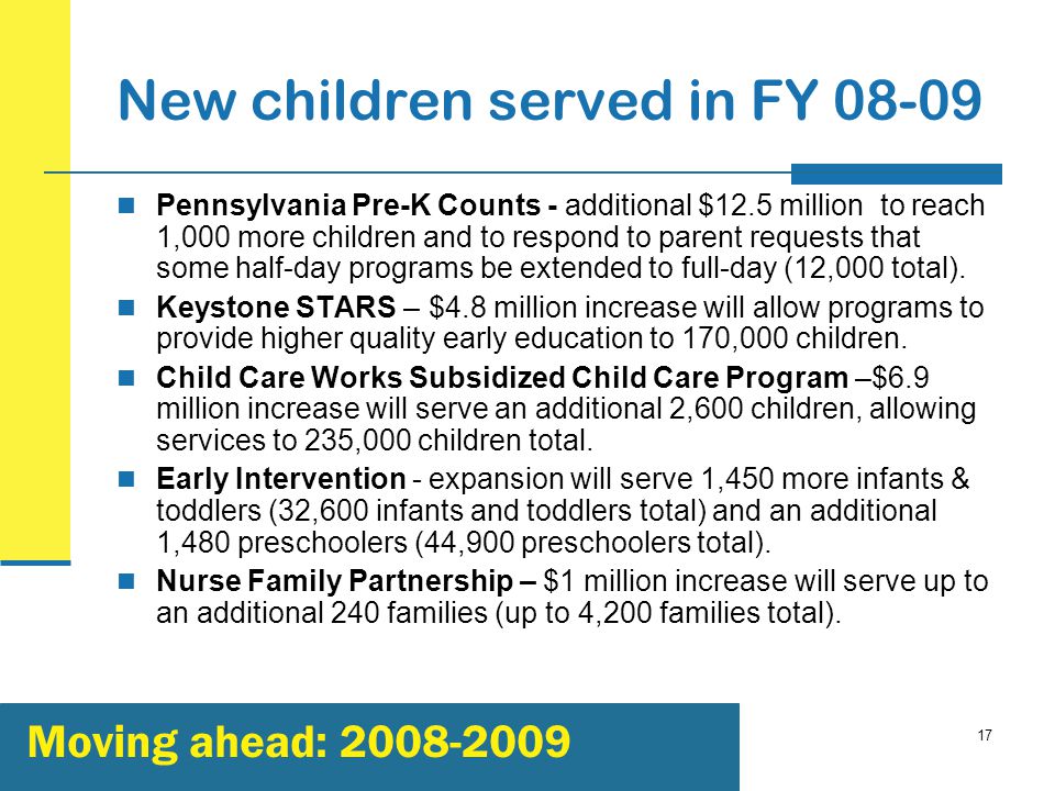 17 New children served in FY Pennsylvania Pre-K Counts - additional $12.5 million to reach 1,000 more children and to respond to parent requests that some half-day programs be extended to full-day (12,000 total).
