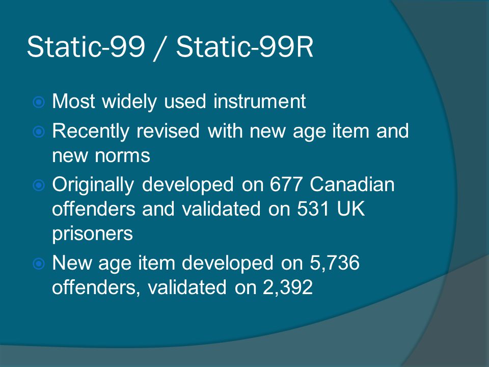 static 99 The validity of static-99 with older sexual offenders 2005-01 pdf version (157 kb) r karl hanson public safety and emergency preparedness canada. static 99 The validity of static-99 with older sexual offenders 2005-01 pdf version (157 kb) r karl hanson public safety and emergency preparedness canada.