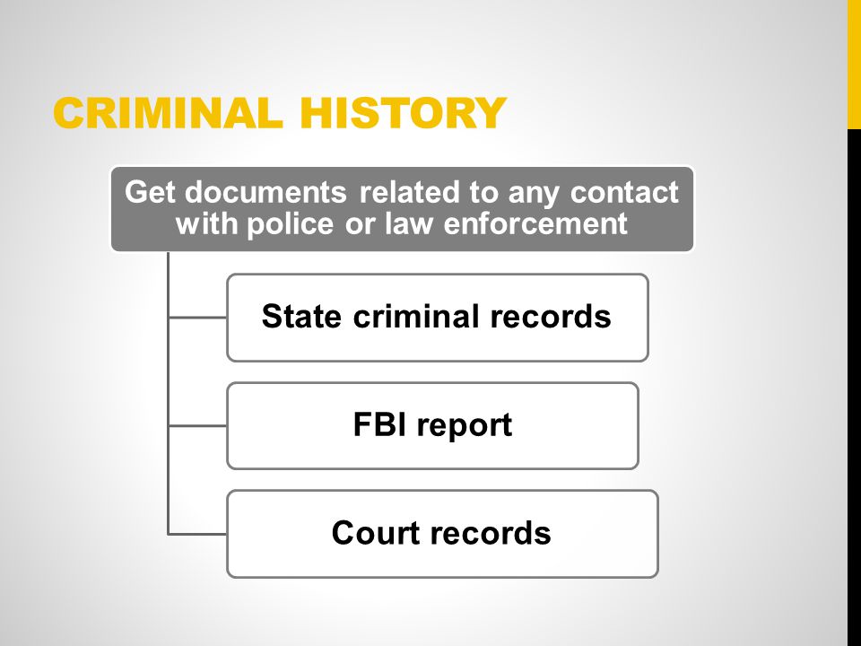 CRIMINAL HISTORY Get documents related to any contact with police or law enforcement State criminal recordsFBI reportCourt records