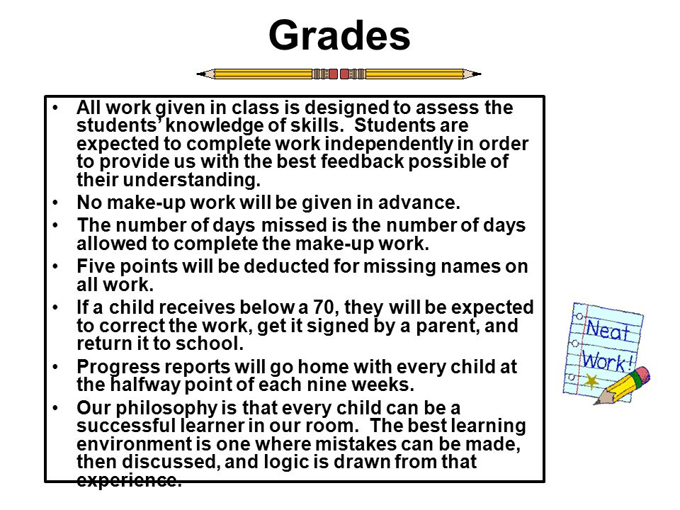Grades All work given in class is designed to assess the students’ knowledge of skills.