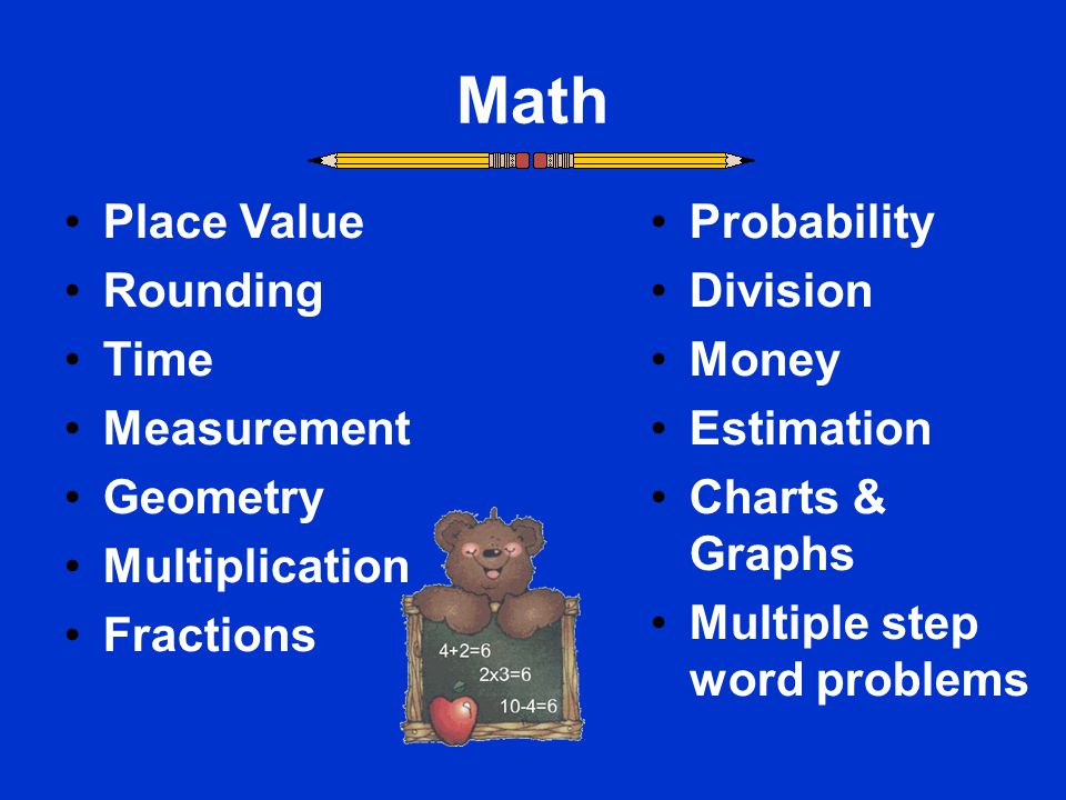 Math Place Value Rounding Time Measurement Geometry Multiplication Fractions Probability Division Money Estimation Charts & Graphs Multiple step word problems