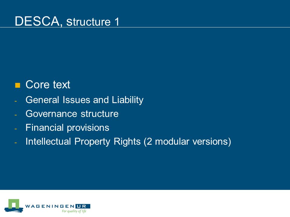 DESCA, s tructure 1 Core text - General Issues and Liability - Governance structure - Financial provisions - Intellectual Property Rights (2 modular versions)