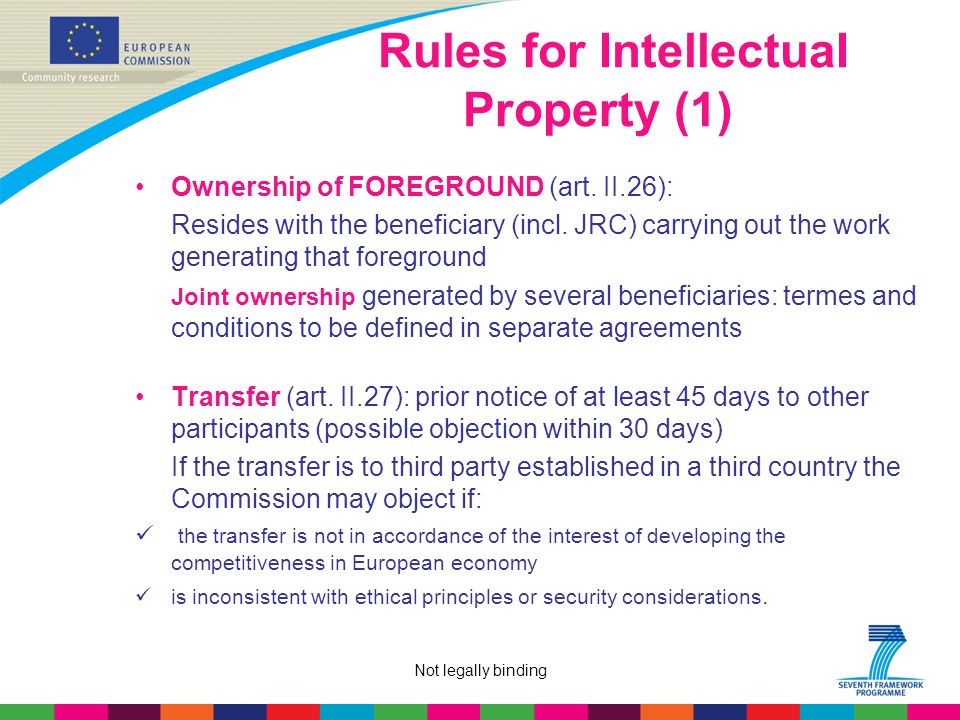 Not legally binding Rules for IntellectuaI Property (1) Ownership of FOREGROUND (art.