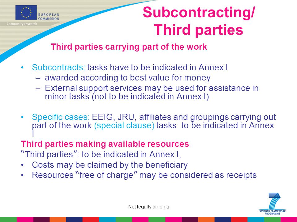 Not legally binding Subcontracting/ Third parties Third parties carrying part of the work Subcontracts: tasks have to be indicated in Annex I –awarded according to best value for money –External support services may be used for assistance in minor tasks (not to be indicated in Annex I) Specific cases: EEIG, JRU, affiliates and groupings carrying out part of the work (special clause) tasks to be indicated in Annex I Third parties making available resources Third parties : to be indicated in Annex I, Costs may be claimed by the beneficiary Resources free of charge may be considered as receipts