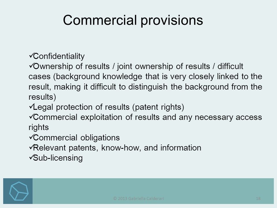 Confidentiality Ownership of results / joint ownership of results / difficult cases (background knowledge that is very closely linked to the result, making it difficult to distinguish the background from the results) Legal protection of results (patent rights) Commercial exploitation of results and any necessary access rights Commercial obligations Relevant patents, know-how, and information Sub-licensing Commercial provisions © 2013 Gabriella Calderari18